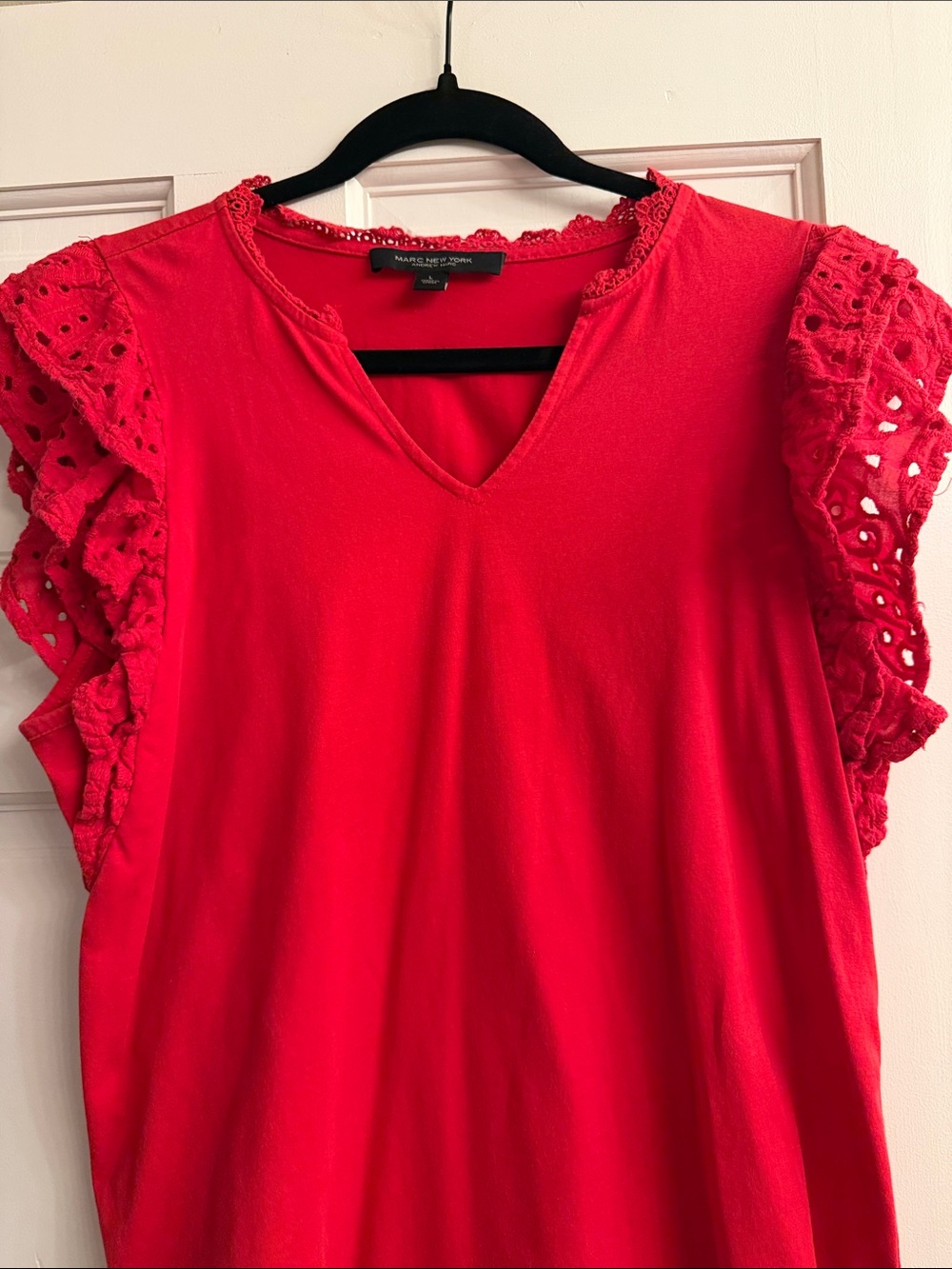 Marc New York Bright Red Eyelet Flutter Sleeve V-Neck Tank